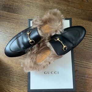 Gucci Black Leather Fur-Lined Horsebit Mules